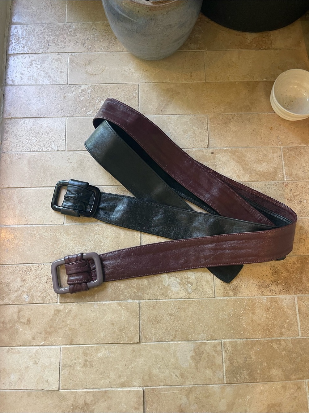 Vintage Leather Waist Belts with Square Buckle - Black and Burgundy